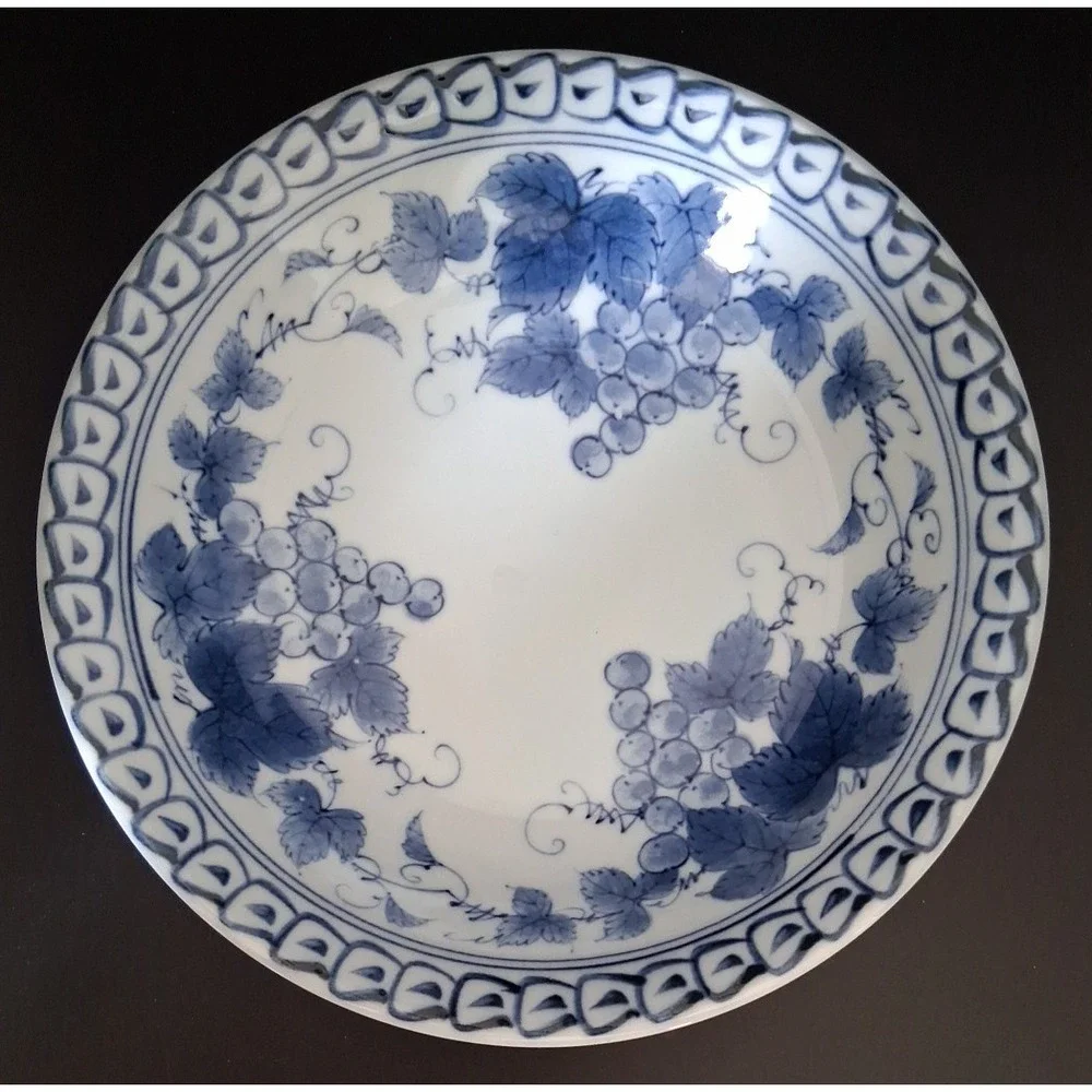 Vintage Blue and White Porcelain Bowl with Grape Design
